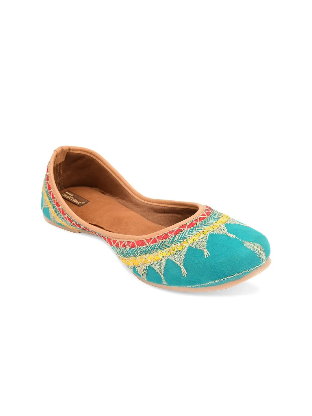DESI COLOUR Women Sea Green Embellished Ethnic Mojaris Flats