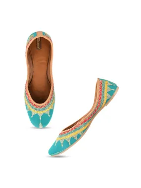 DESI COLOUR Women Sea Green Embellished Ethnic Mojaris Flats