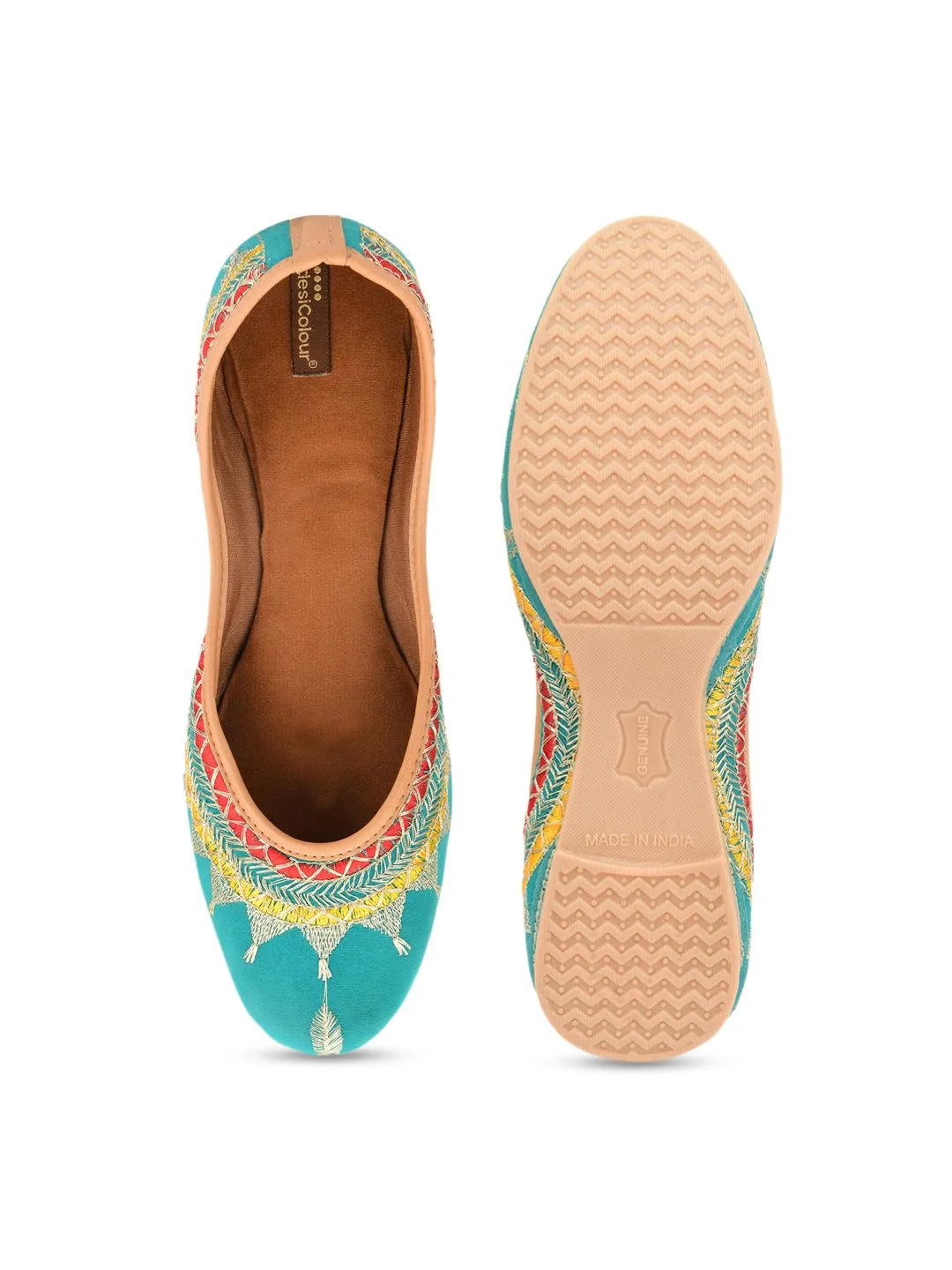 DESI COLOUR Women Sea Green Embellished Ethnic Mojaris Flats