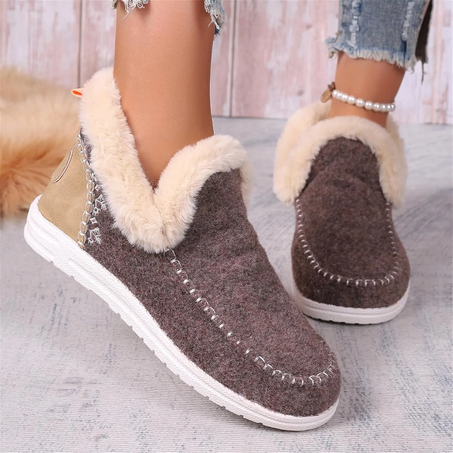 Ladmiple Boots For Women Ankle Booties Winter Casual Slip-on Warm Loafers Shoes Fur-Lined Comfortable Lightweight Snow Boots
