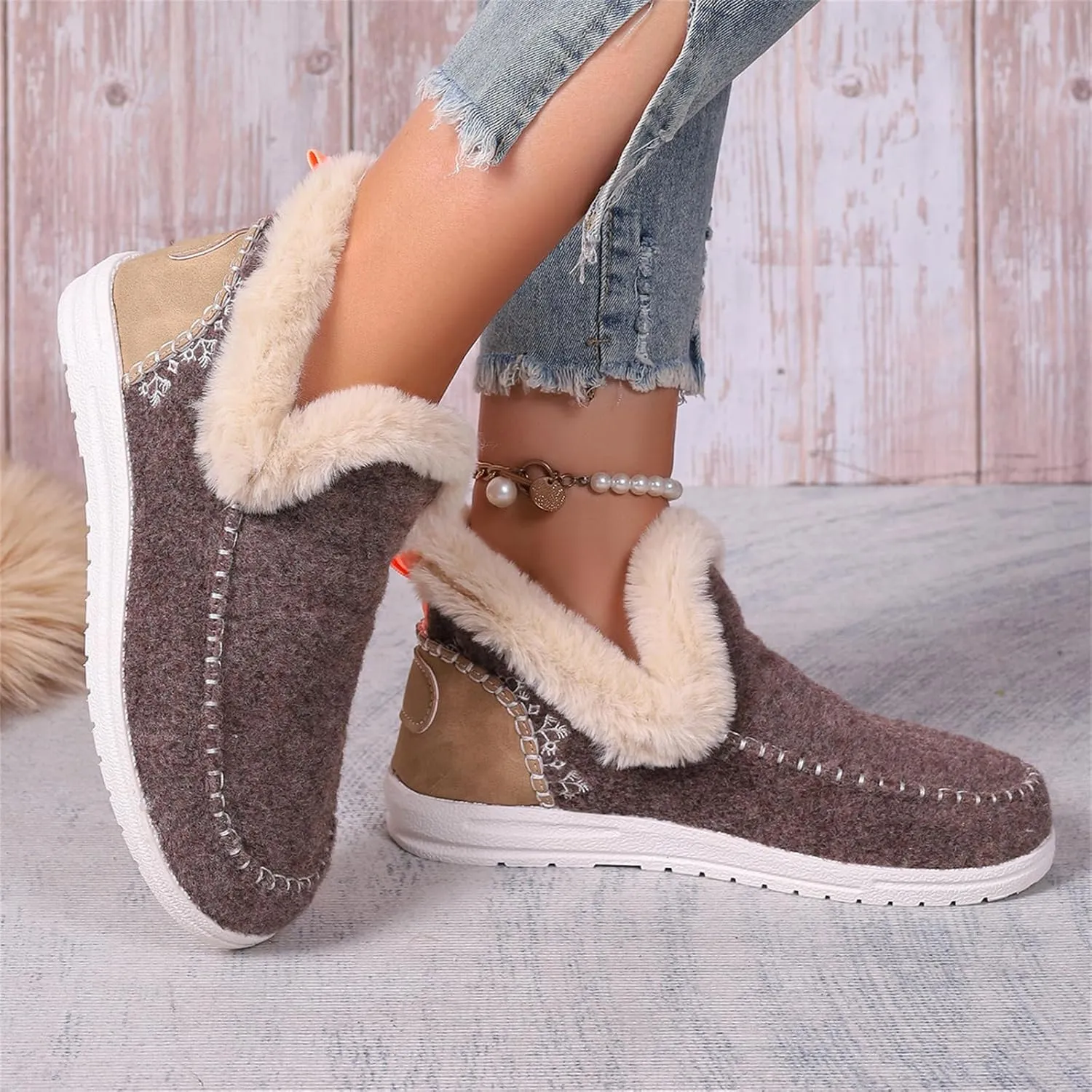 Ladmiple Boots For Women Ankle Booties Winter Casual Slip-on Warm Loafers Shoes Fur-Lined Comfortable Lightweight Snow Boots