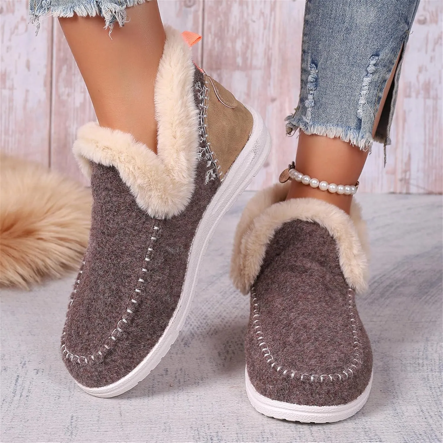 Ladmiple Boots For Women Ankle Booties Winter Casual Slip-on Warm Loafers Shoes Fur-Lined Comfortable Lightweight Snow Boots