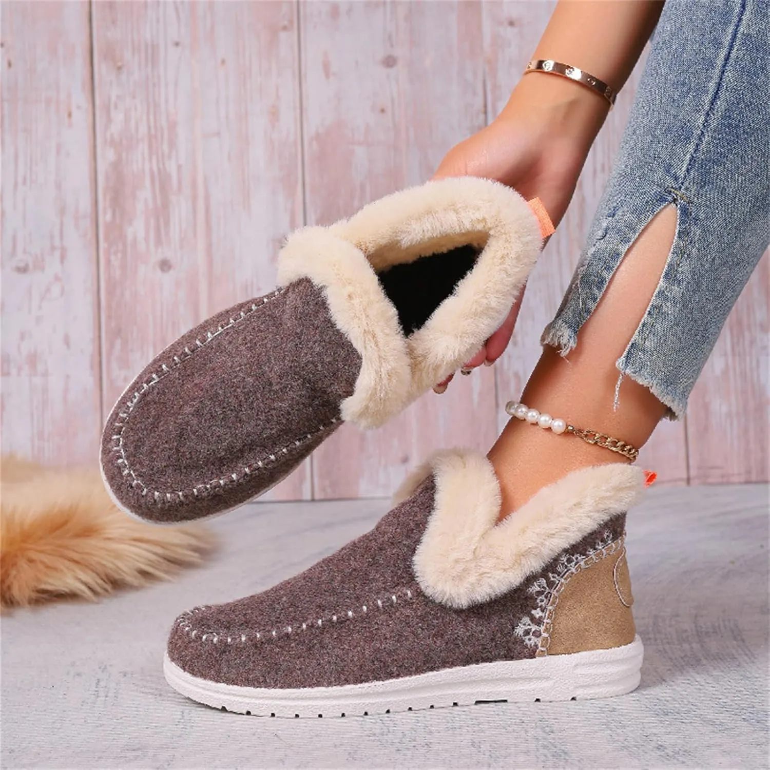 Ladmiple Boots For Women Ankle Booties Winter Casual Slip-on Warm Loafers Shoes Fur-Lined Comfortable Lightweight Snow Boots