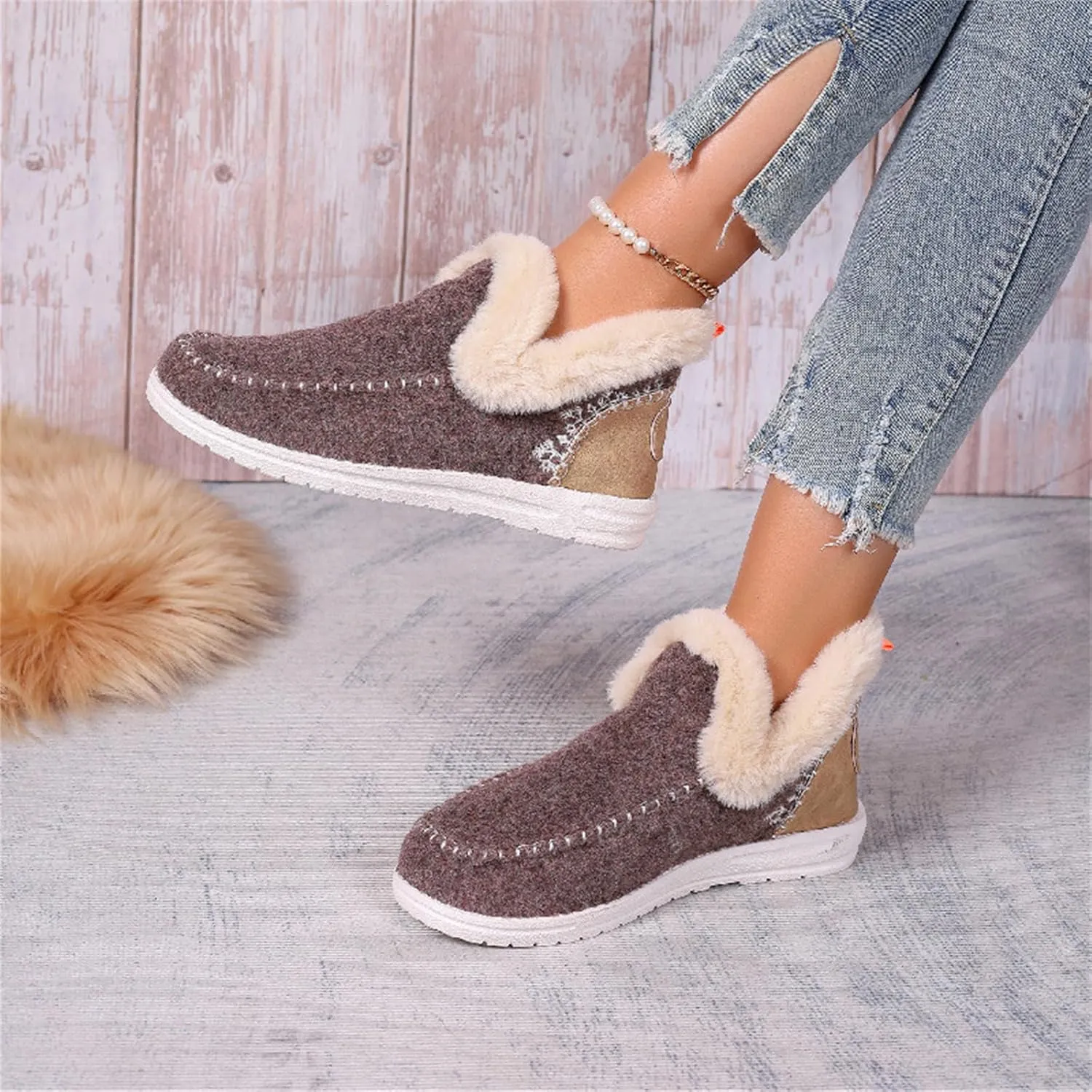 Ladmiple Boots For Women Ankle Booties Winter Casual Slip-on Warm Loafers Shoes Fur-Lined Comfortable Lightweight Snow Boots