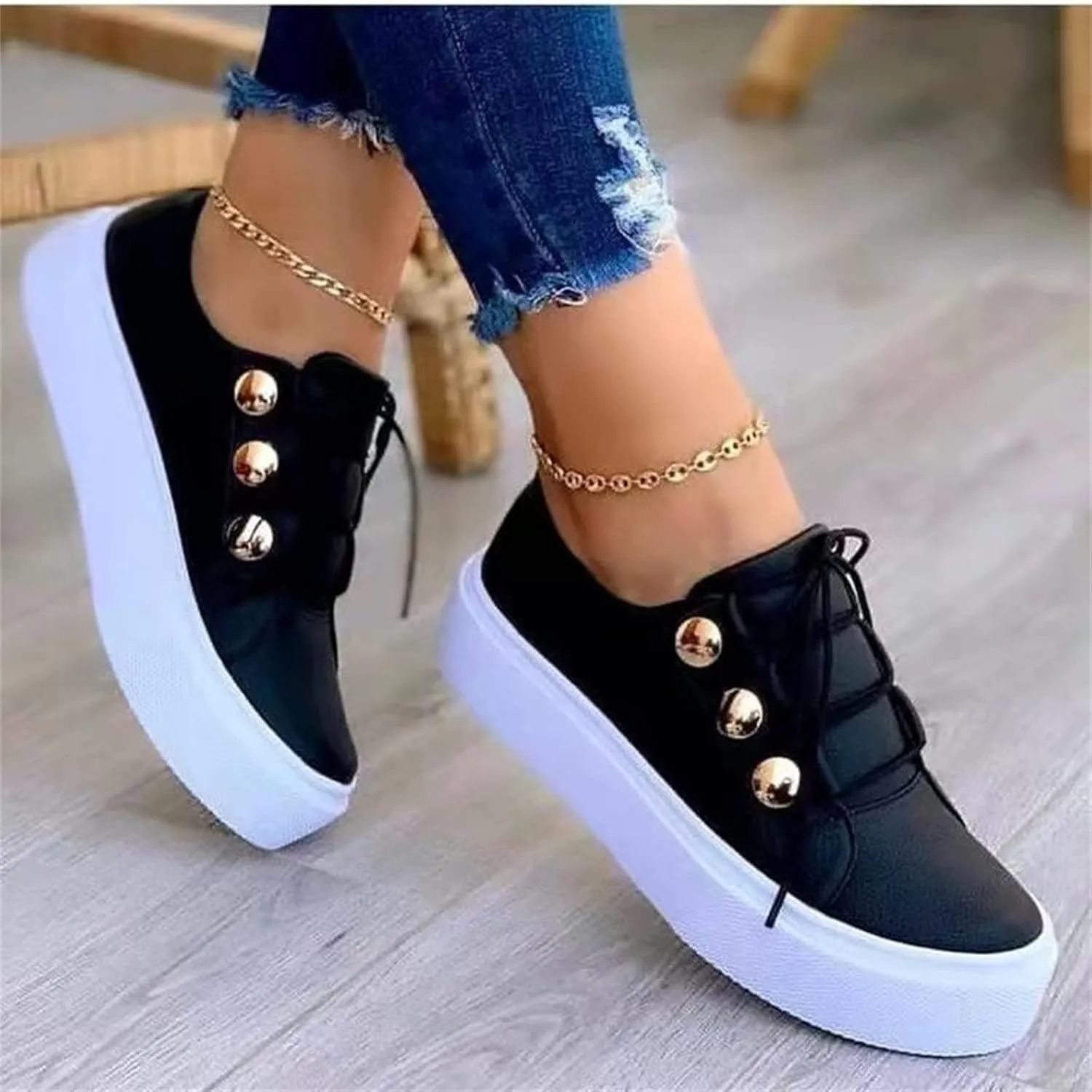 Ladmiple Shoes For Women Dressy Casual Flats Leather Sneakers Low Top Lace Up Fashion Comfortable Summer Slip On Loafers
