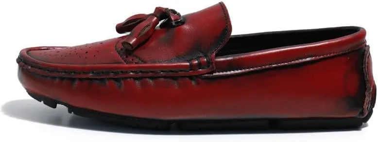 Mens Loafers Shoe Round Toe Vegan Leather Brogue Embossed with Tassel Driving Loafers Slip Resistant Flat Heel Comfortable Outdoor Slip-ons