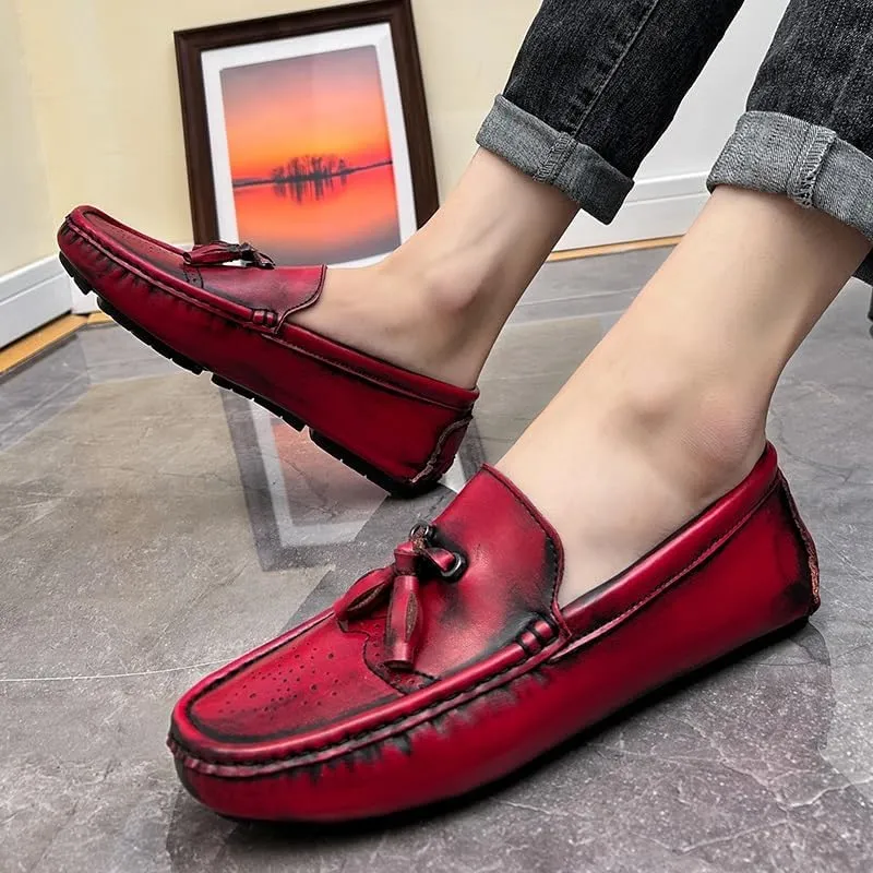 Mens Loafers Shoe Round Toe Vegan Leather Brogue Embossed with Tassel Driving Loafers Slip Resistant Flat Heel Comfortable Outdoor Slip-ons