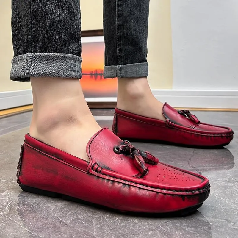 Mens Loafers Shoe Round Toe Vegan Leather Brogue Embossed with Tassel Driving Loafers Slip Resistant Flat Heel Comfortable Outdoor Slip-ons