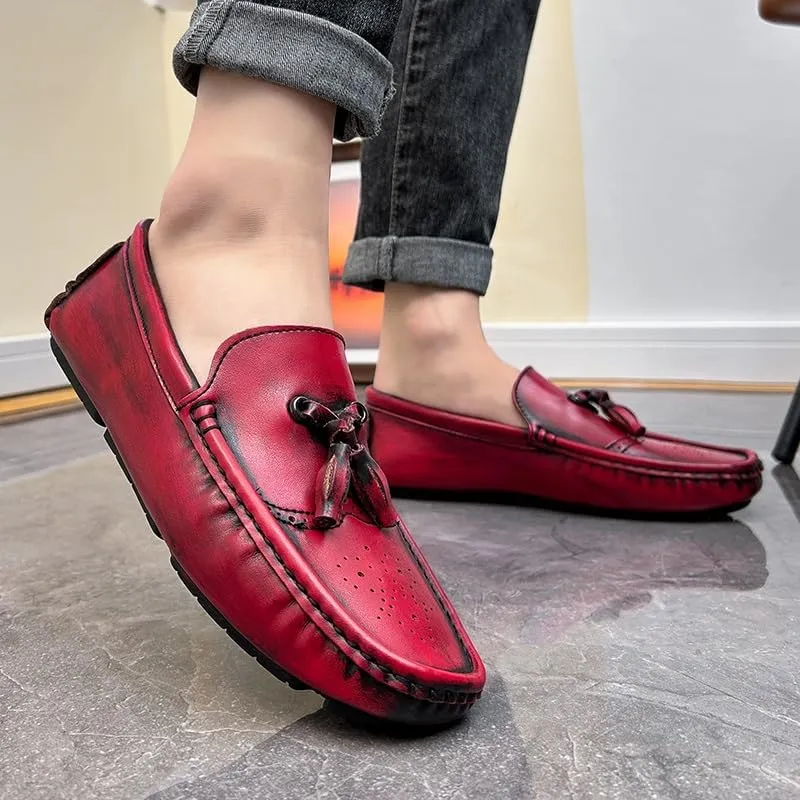 Mens Loafers Shoe Round Toe Vegan Leather Brogue Embossed with Tassel Driving Loafers Slip Resistant Flat Heel Comfortable Outdoor Slip-ons