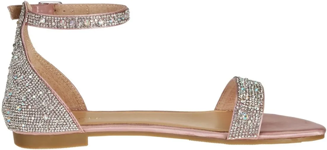 SheSole Women's Sparkly Rhinestone Strappy Flat Sandals Bridal Wedding Dress Shoes Champagne