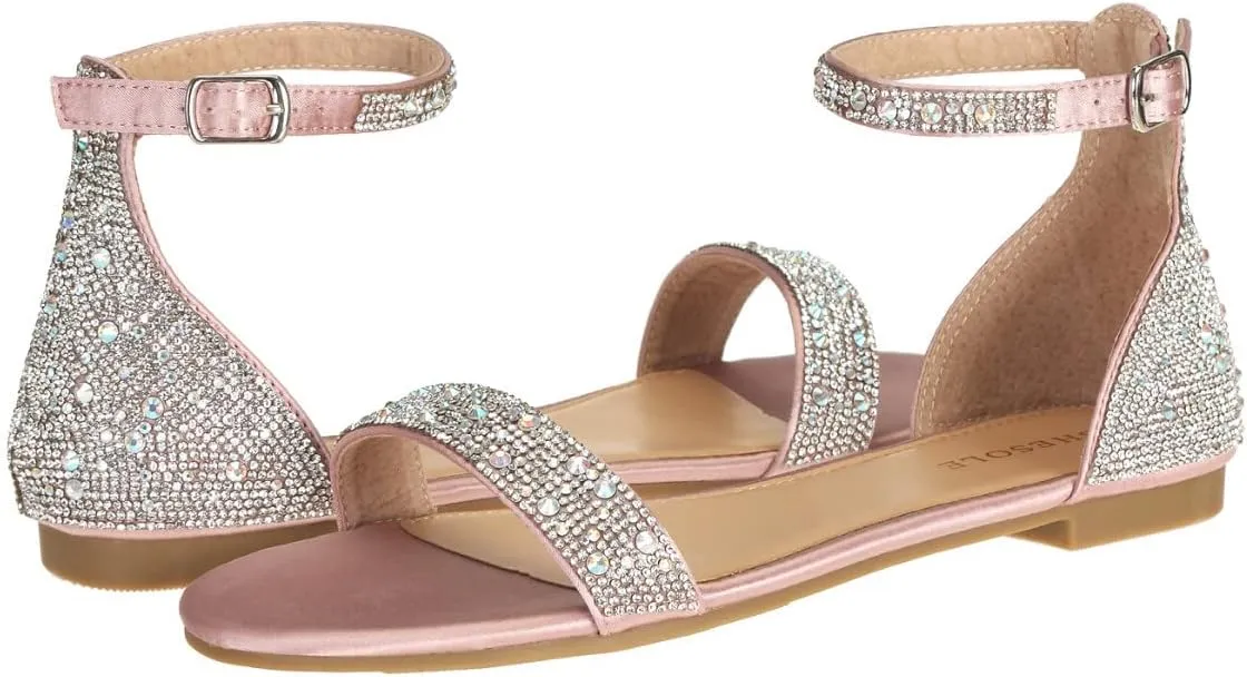 SheSole Women's Sparkly Rhinestone Strappy Flat Sandals Bridal Wedding Dress Shoes Champagne
