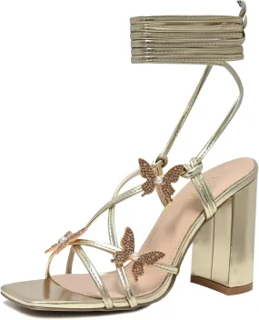 Strappy Heels for Women Sexy Lace Up Chunky High Heels Sandals Square Open Toe Heels with Bow White Black Gold Silver Tie Up Block Heels for Party, Prom, Evening
