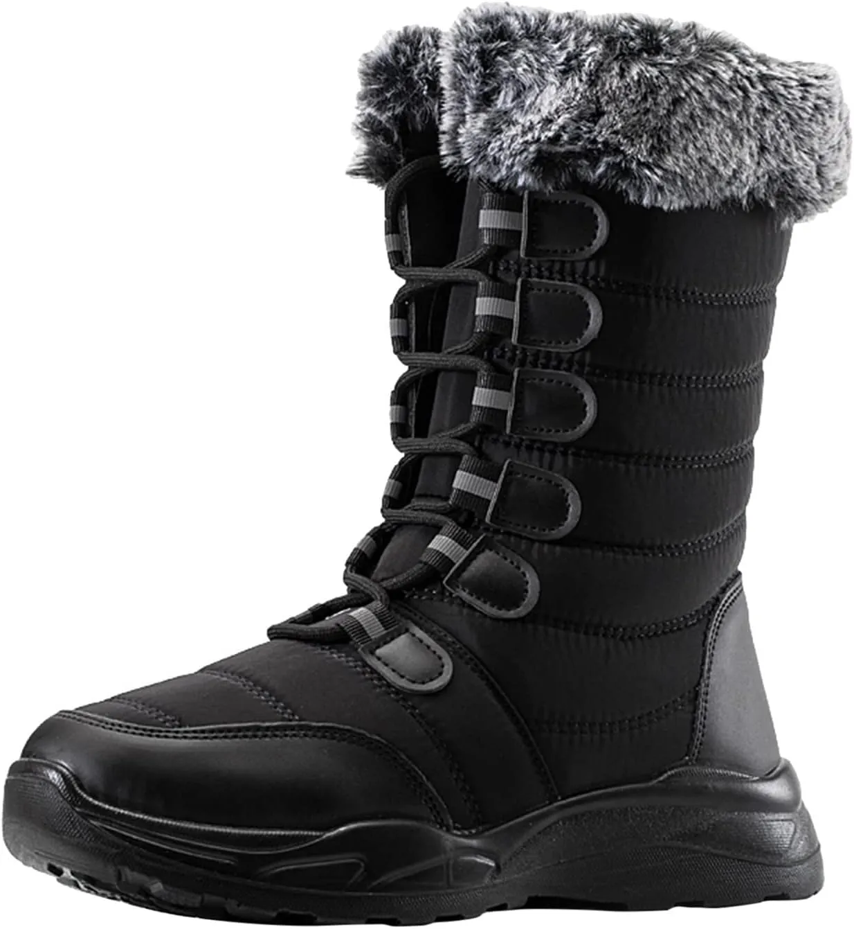 Women Men Snow Boots Round Toe Water Proof Flat Heel Warm Winter Lace Up Solid Color Mid Womens Low Winter Snow Boots (Black, 10.5)